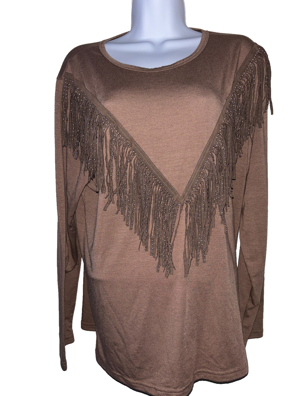 PESION Brown Western Fringe Top Studded Cowgirl Boho Shirt L Festival Rodeo EUC
